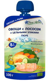Пюре FLEUR ALPINE  Овощи с лососем и цельными злаками, 100 г (пауч)