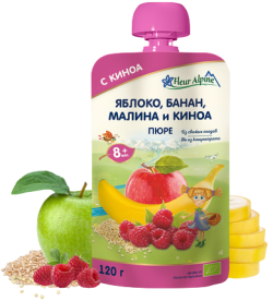 Пюре FLEUR ALPINE  яблоко, банан, малина и киноя 120г (пауч)