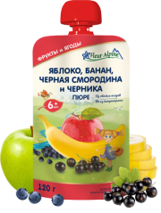 Пюре FLEUR ALPINE яблоко-банан-ч/смородина-черника 120г (пауч)