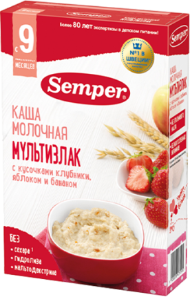 Каша Semper (Сэмпер) молочная Мультизлак с кусочками клубники, яблоком и бананом, 180 г