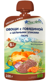 Пюре FLEUR ALPINE  Овощи с говядиной и цельными злаками, 100 г (пауч)