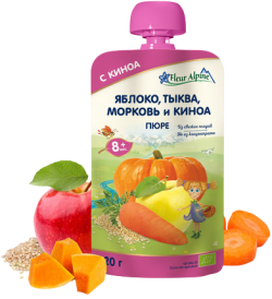 Пюре FLEUR ALPINE яблоко, тыква, морковь и киноя 120г (пауч)