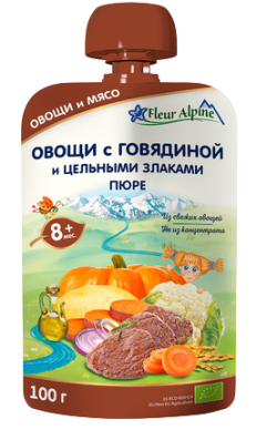 Пюре FLEUR ALPINE Овощи с говядиной и цельными злаками, 100 г (пауч)