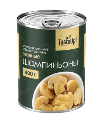 Шампиньоны резаные консервированные стерилизованные, 425 мл/ 400 г (масса продукта 200 г)