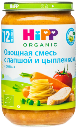 Пюре HiPP (Хипп)  Овощная смесь с лапшой и цыпленком,190 г