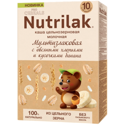 Каша Nutrilak (Нутрилак) PROCEREALS молочная Мультизлаковая с овсяными хлопьями и кусочками банана цельнозерновая, 200 г