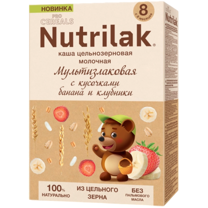 Каша Nutrilak (Нутрилак) PROCEREALS молочная Мультизлаковая с кусочками банана и клубники цельнозерновая, 200 г