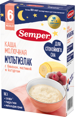 Каша Semper (Сэмпер) молочная Мультизлак с бананом, малиной, йогуртом, 180 г