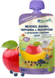Пюре FLEUR ALPINE  яблоко-банан-черника с йогуртом 120г (пауч)