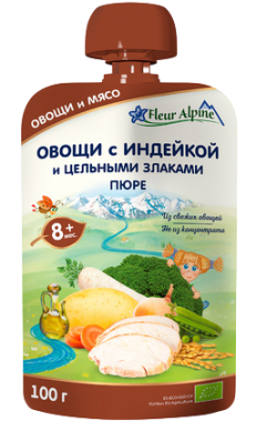 Пюре FLEUR ALPINE  Овощи с индейкой и цельными злаками, 100 г (пауч)