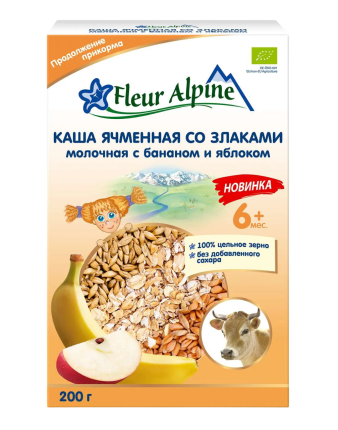 Каша Fleur Alpine (Флер Альпин) молочная Ячменная со злаками, с бананом и яблоком, 200 г