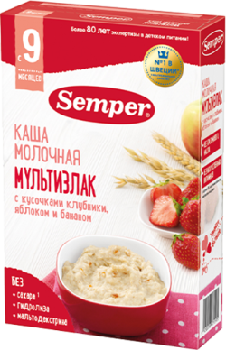 Каша Semper (Сэмпер) молочная Мультизлак с кусочками клубники, яблоком и бананом, 180 г