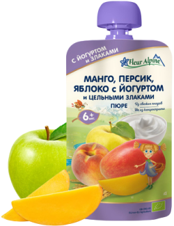 Пюре FLEUR ALPINE манго-персик-яблоко с йогуртом 120г (пауч)