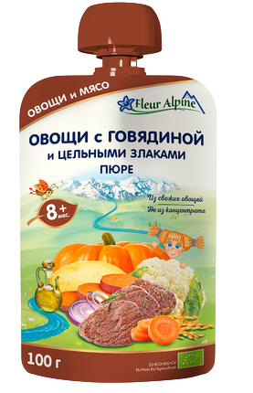 Пюре FLEUR ALPINE  Овощи с говядиной и цельными злаками, 100 г (пауч)