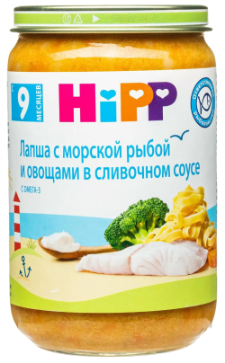 Пюре HiPP (Хипп) Лапша с морской рыбой и овощами в сливочном соусе, 190 г